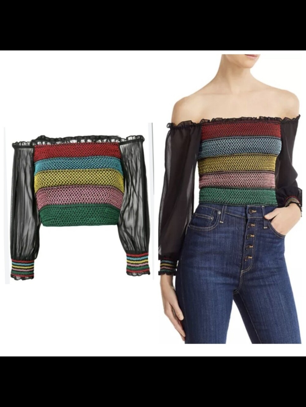 Alice + Olivia Avita Embroidered Smocked Cropped Top Size Small